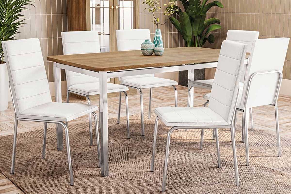 Sala Jantar Mesa Reno c/ Tampo de Madeira 160cm e 6 Cadeiras Amsterdã - Kappesberg