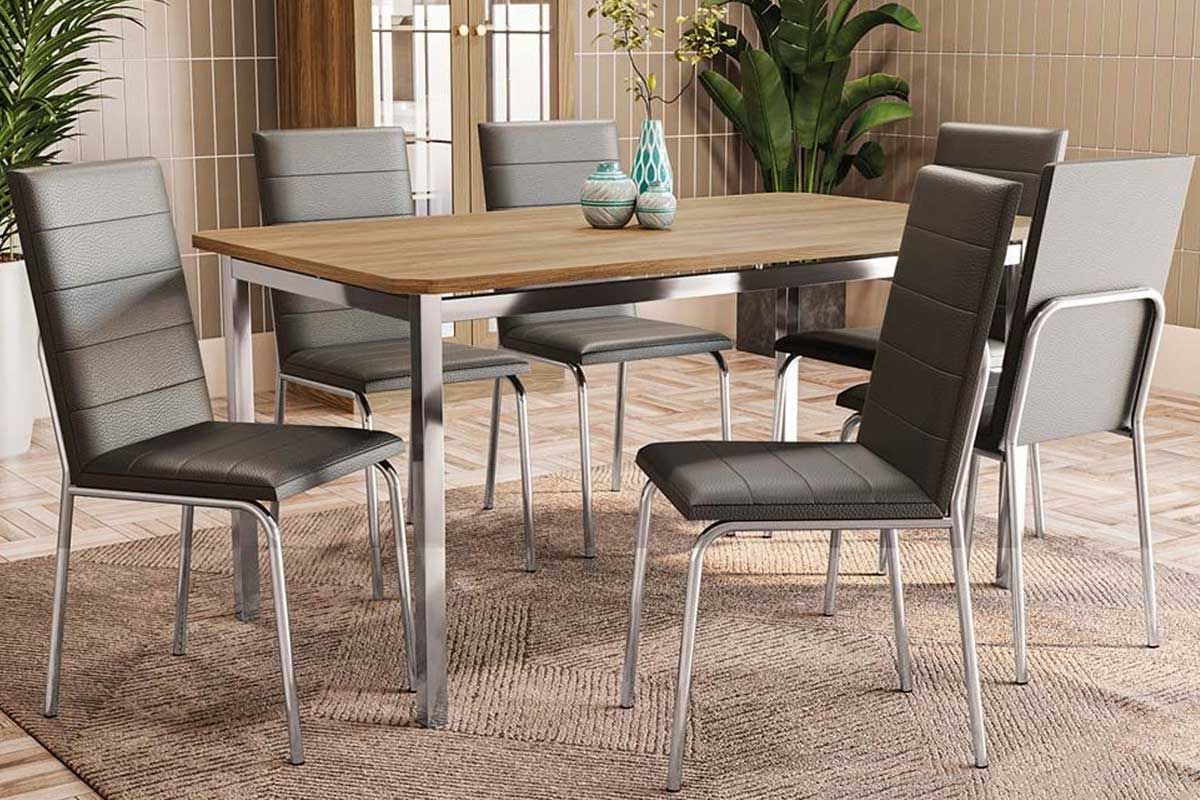 Sala Jantar Mesa Reno c/ Tampo de Madeira 160cm e 6 Cadeiras Amsterdã - Kappesberg
