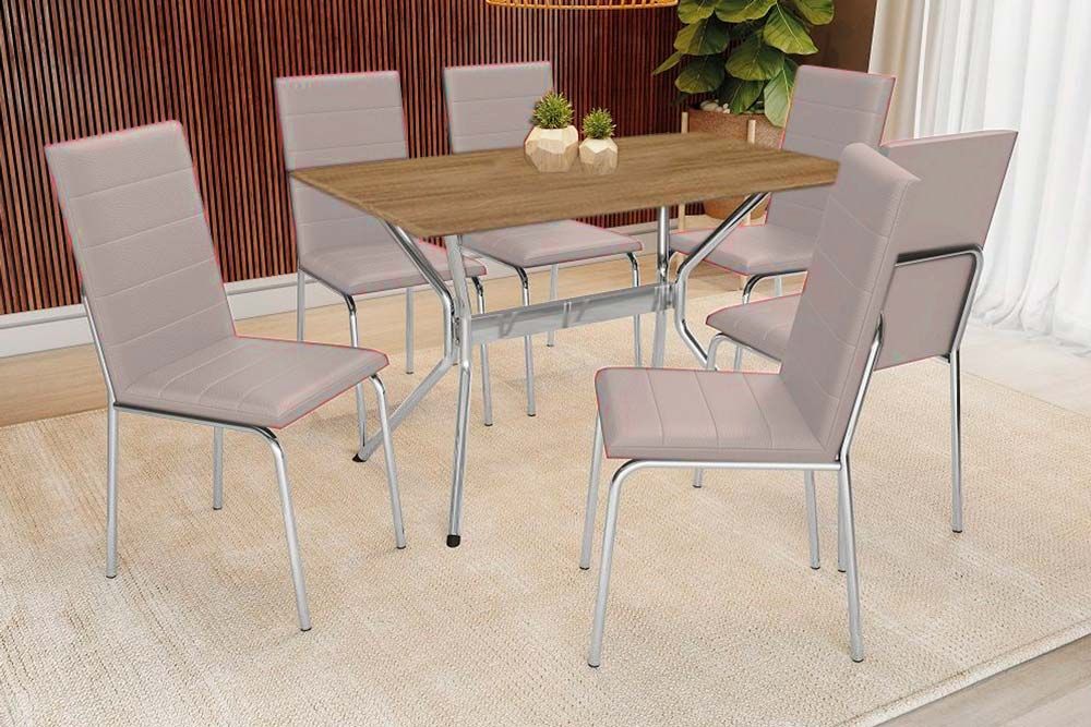 Sala Jantar Mesa Loire c/ Tampo de Madeira 160cm e 6 Cadeiras Amsterdã - Kappesberg