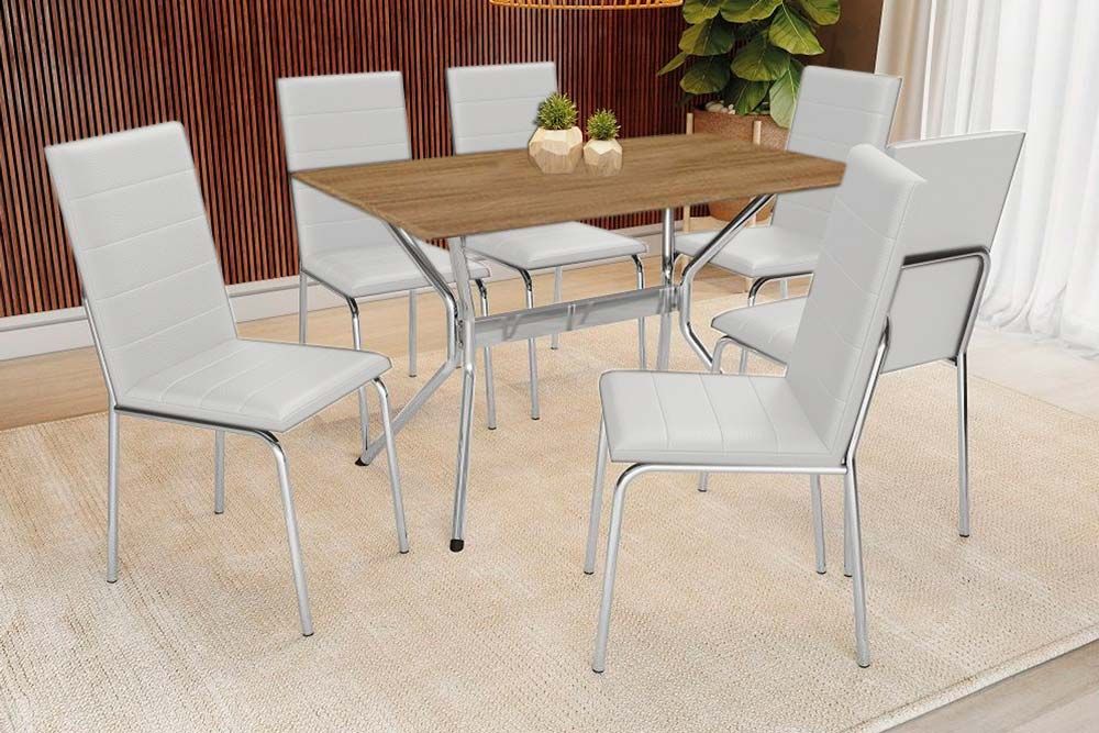 Sala Jantar Mesa Loire c/ Tampo de Madeira 160cm e 6 Cadeiras Amsterdã - Kappesberg