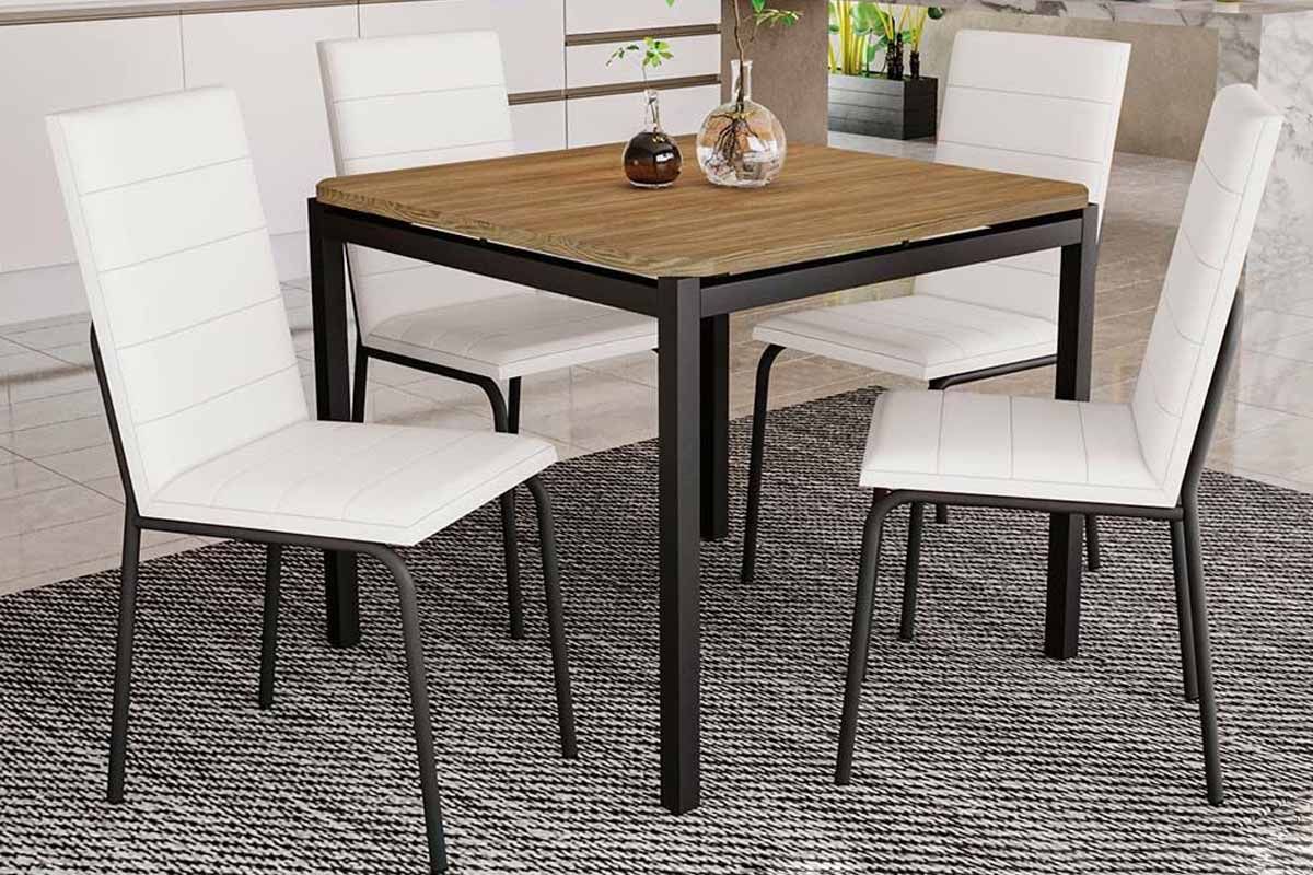 Sala Jantar Mesa Reno c/ Tampo de Madeira 90cm e 4 Cadeiras Amsterdã - Kappesberg