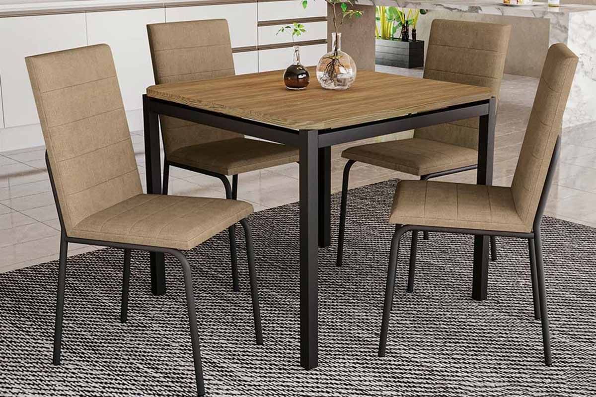 Sala Jantar Mesa Reno c/ Tampo de Madeira 90cm e 4 Cadeiras Amsterdã - Kappesberg