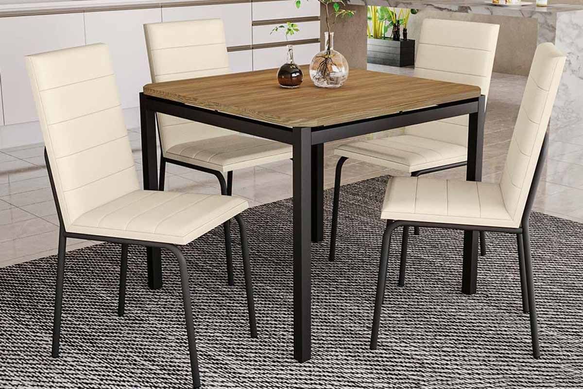 Sala Jantar Mesa Reno c/ Tampo de Madeira 90cm e 4 Cadeiras Amsterdã - Kappesberg