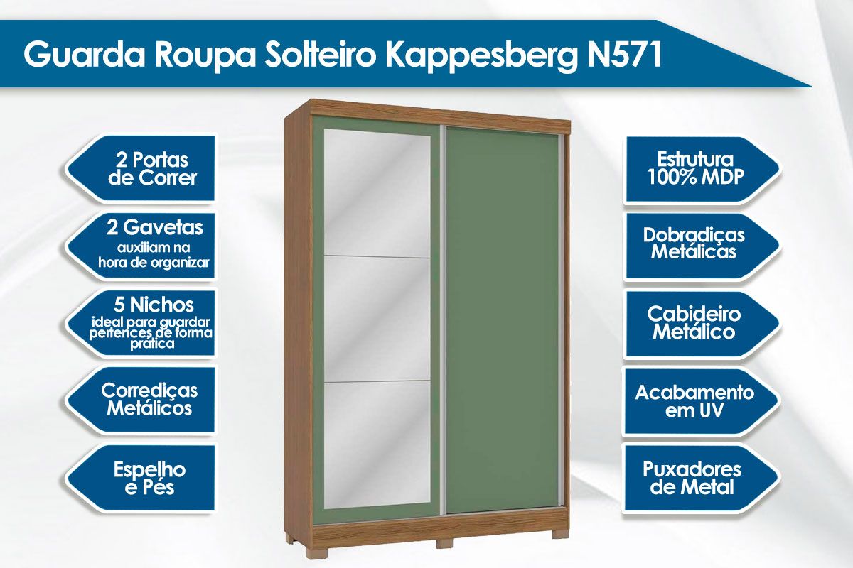 Guarda Roupa Solteiro 2 Portas de Correr (1 c/Espelho) e 2 Gavetas c/Pés CB01N571 Kappesberg
