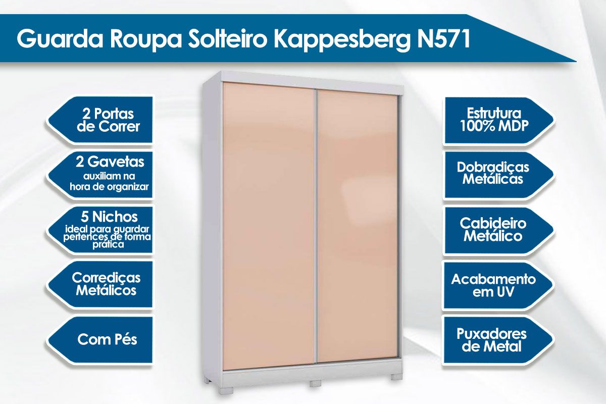Guarda Roupa Solteiro 2 Portas de Correr e 2 Gavetas c/Pés CB02N571 Kappesberg