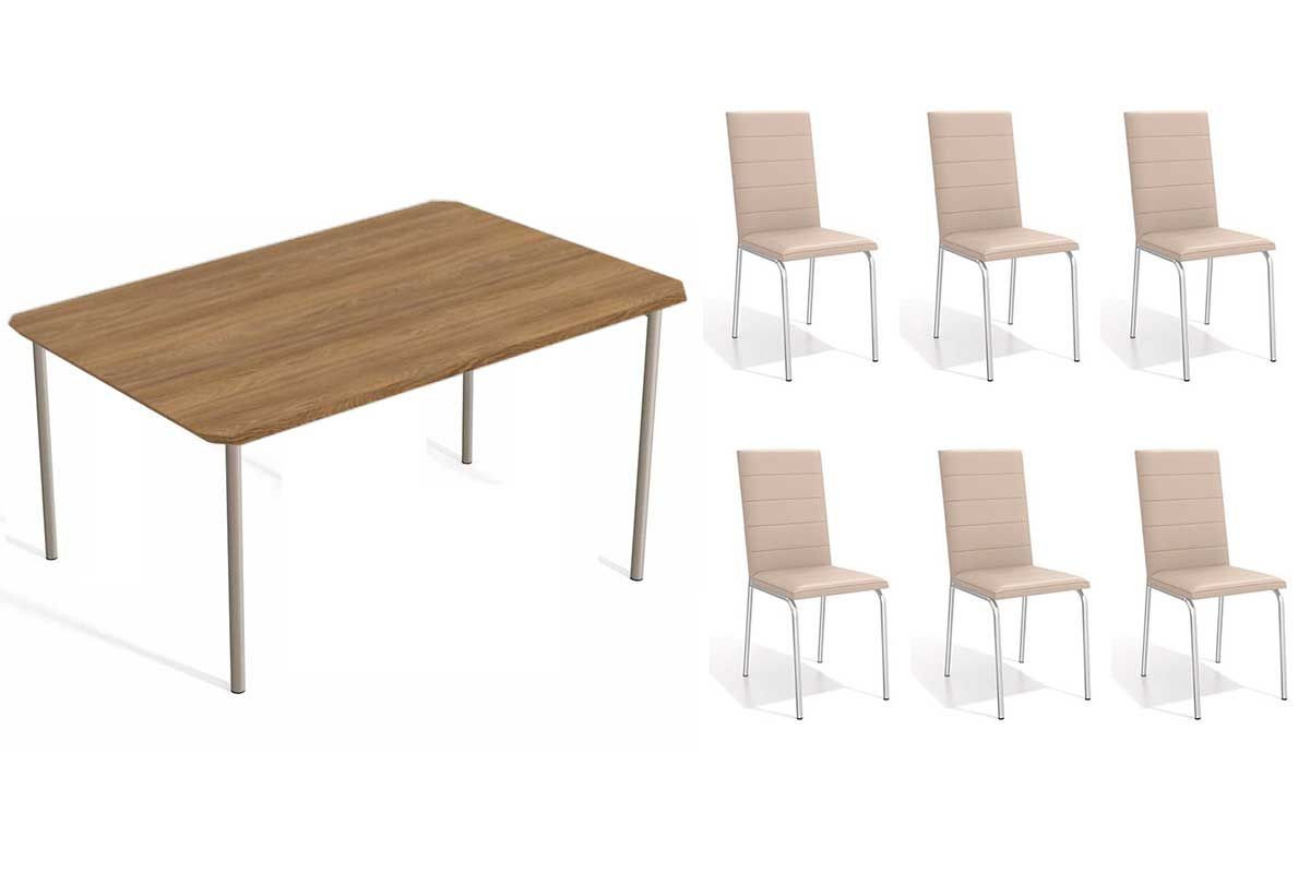 Sala Jantar Mesa Sena c/ Tampo de Madeira 1.60cm + 6 Cadeiras Amsterdã - Kappesberg