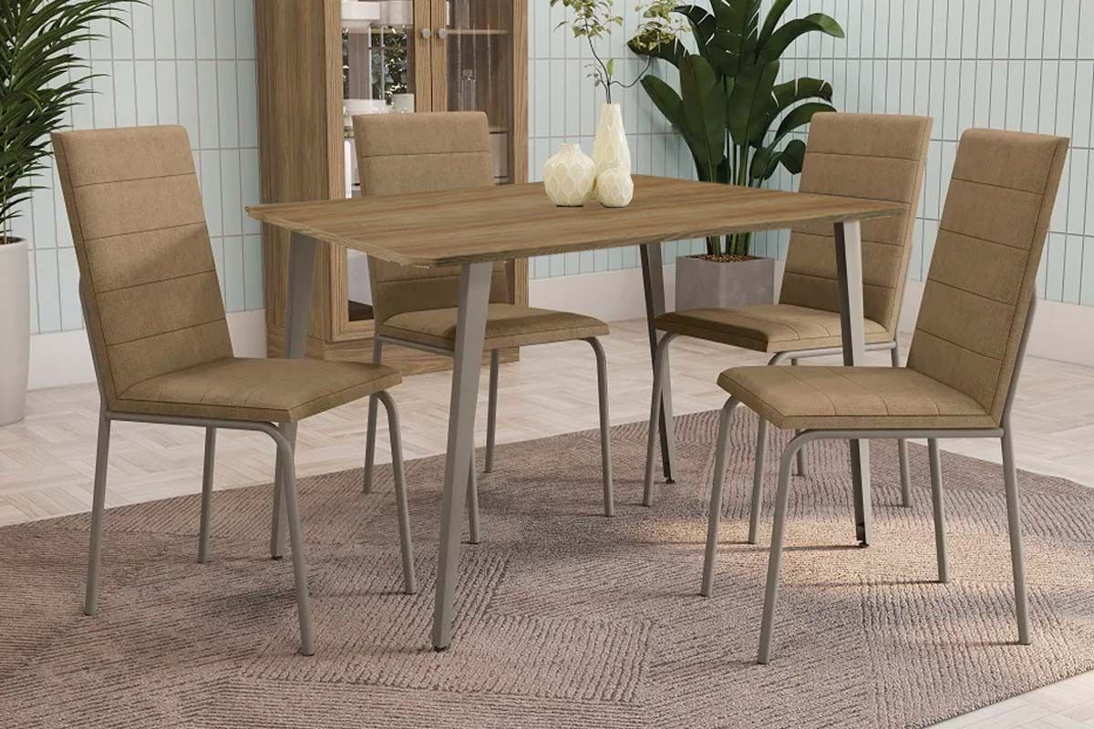 Sala Jantar Mesa Iguaçu c/ Tampo de Madeira 90cm e 4 Cadeiras Amsterdã - Kappesberg