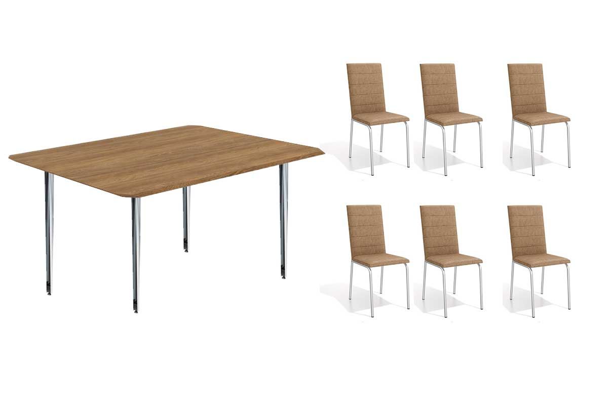 Sala Jantar Mesa Iguaçu c/ Tampo de Madeira 1,60cm + 6 Cadeiras Amsterdã - Kappesberg