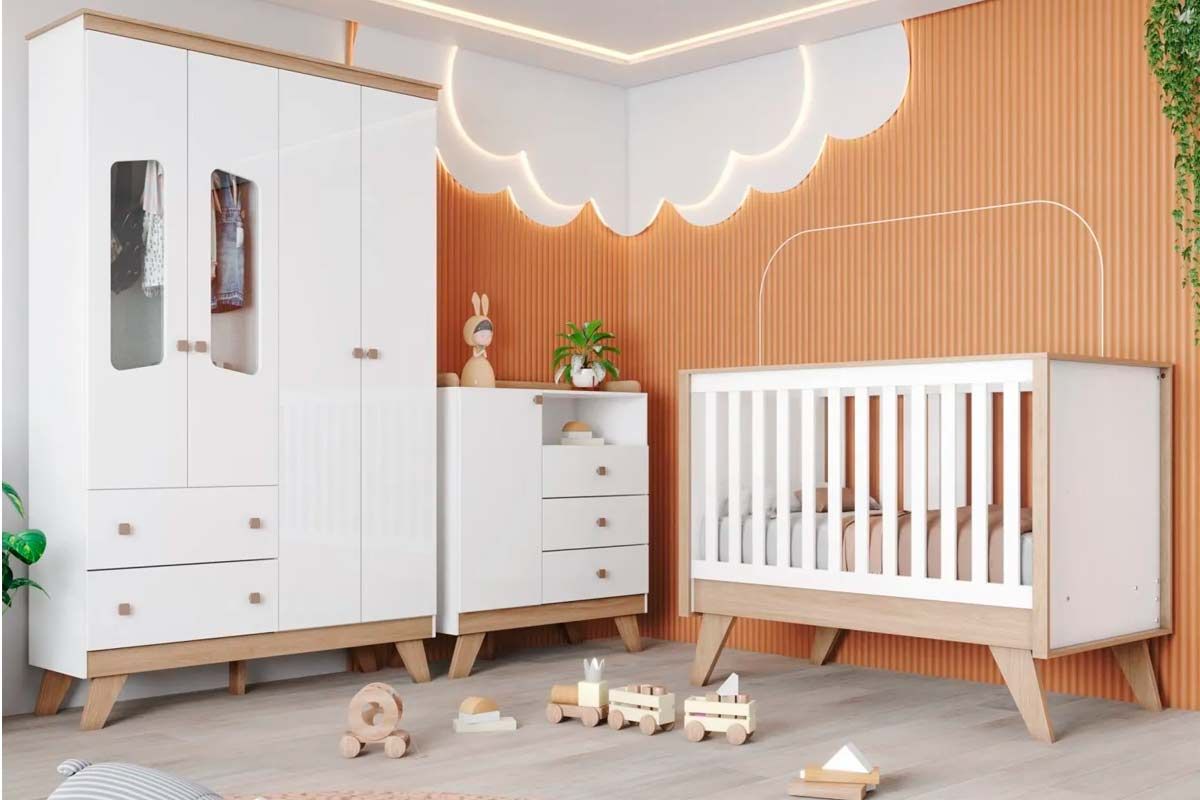 Quarto Infantil Completo Confete 3 Peças (1 Guarda Roupa + 1 Berço + 1 Cômoda) QI57 Henn