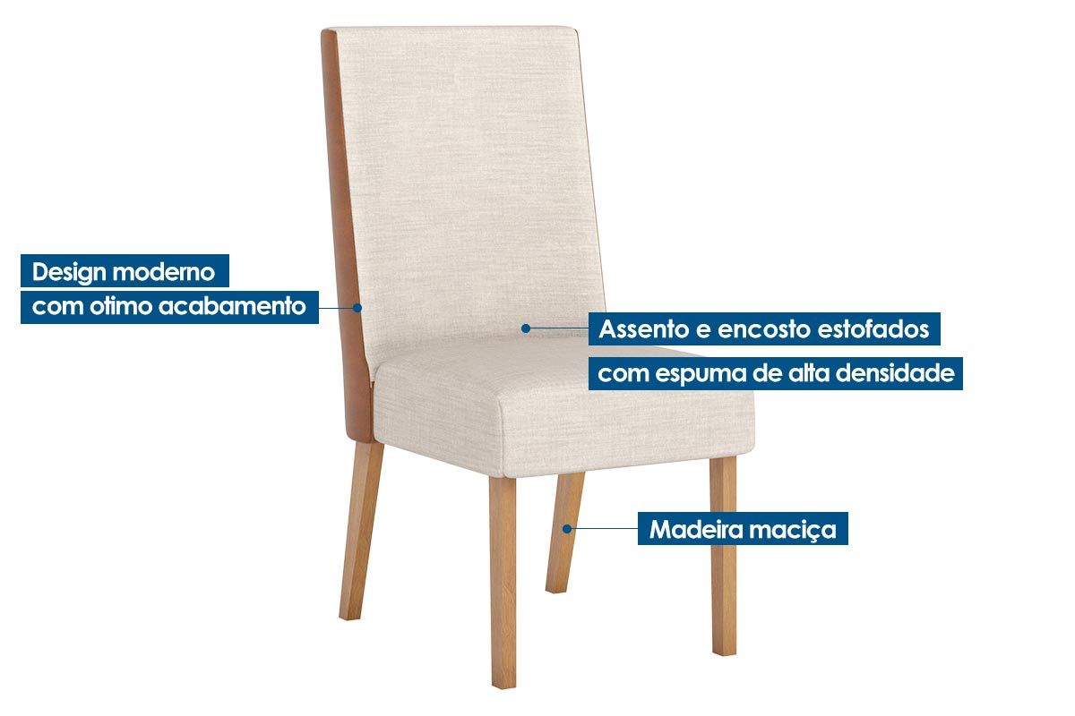 Sala de Jantar Completa Yara c/ Tampo Madeirado c/ Vidro Curvo 200x90cm e 6 Cadeiras Anne - Henn