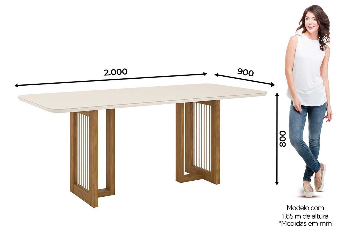 Sala de Jantar Completa Yara c/ Tampo Madeirado c/ Vidro Curvo 200x90cm e 6 Cadeiras Eloa - Henn