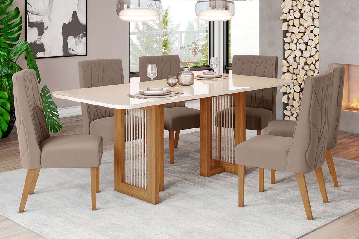 Sala de Jantar Completa Yara c/ Tampo Madeirado c/ Vidro Curvo 200x90cm e 6 Cadeiras Eloa - Henn