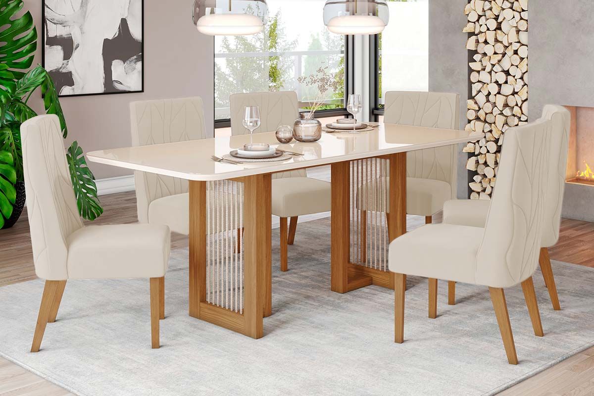 Sala de Jantar Completa Yara c/ Tampo Madeirado c/ Vidro Curvo 200x90cm e 6 Cadeiras Eloa - Henn