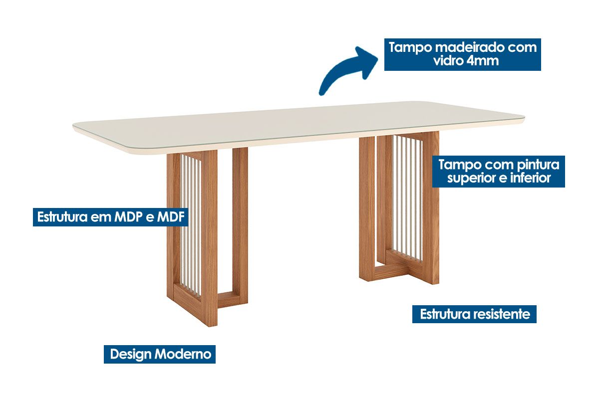 Sala de Jantar Completa Yara c/ Tampo Madeirado c/ Vidro Curvo 200x90cm e 6 Cadeiras Eloa - Henn