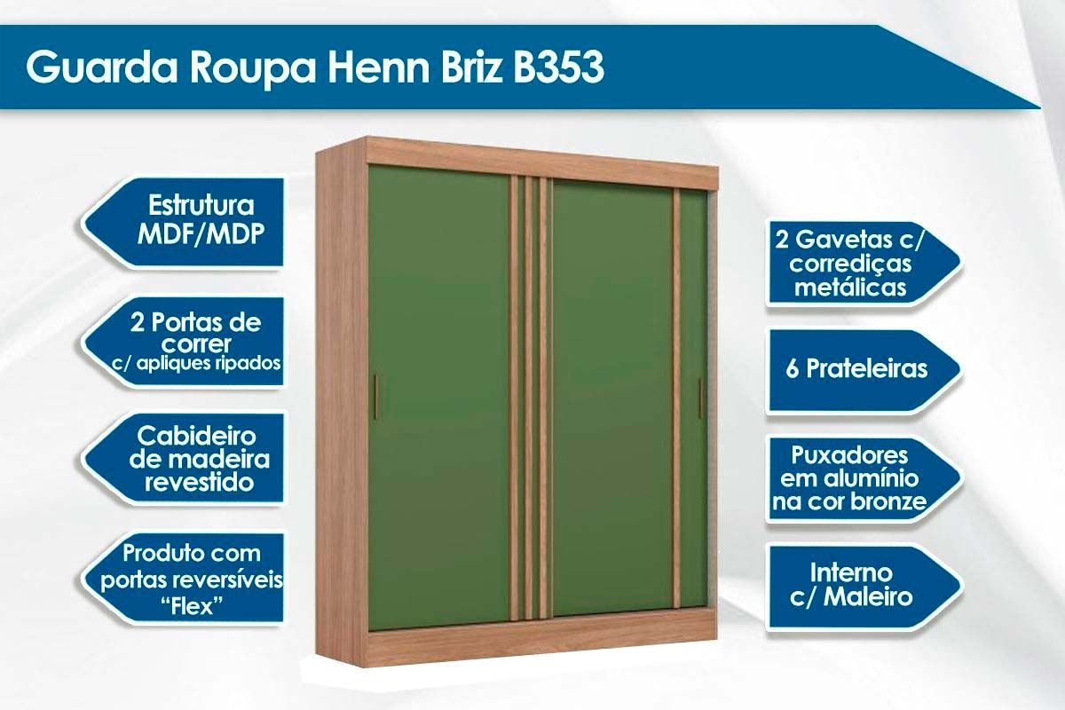 Guarda Roupa Casal 2 Portas de Correr e 2 Gavetas Briz B353 Henn Guarda Roupa Casal 2 Portas de Correr e 2 Gavetas Briz B353 Henn