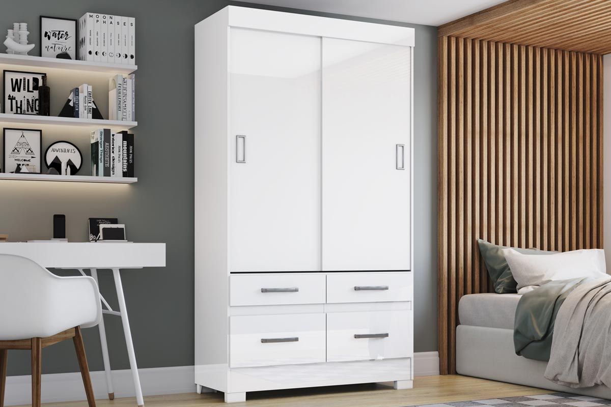 Guarda Roupa Solteiro 2 Portas de Correr e 4 Gavetas Briz BE25 HennBranco Guarda Roupa Solteiro 2 Portas de Correr e 4 Gavetas Briz BE25 HennBranco