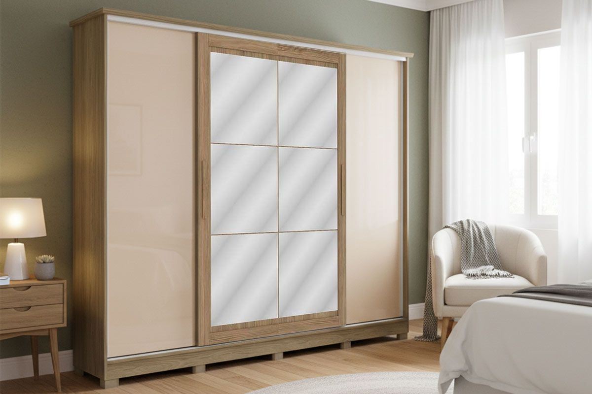 Guarda Roupa Casal 4 Portas Correr c/Espelho e Pés CB01N565 KappesbergFlex Nogueira/Macadamia ou Verde