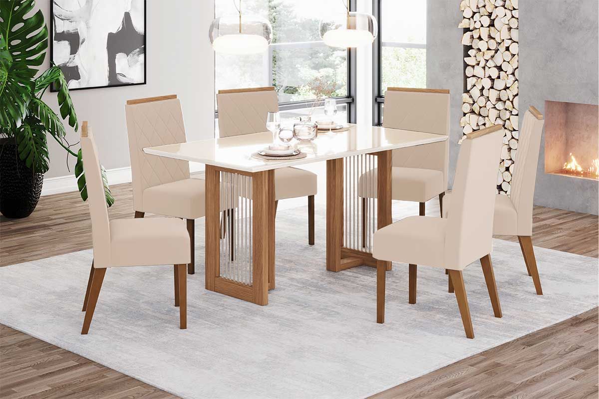 Sala de Jantar Completa Yara c/ Tampo Madeirado c/ Vidro Reto 160x90cm e 6 Cadeiras Nina - Henn