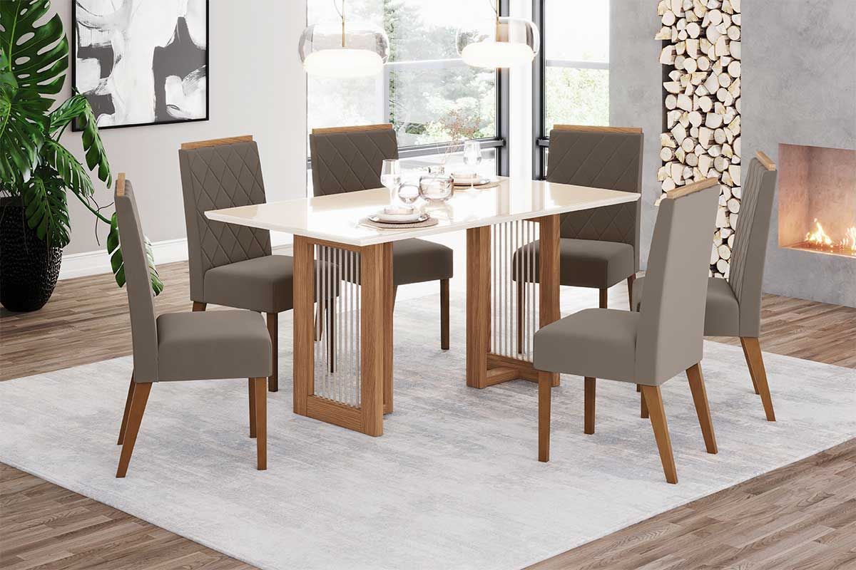 Sala de Jantar Completa Yara c/ Tampo Madeirado c/ Vidro Reto 160x90cm e 6 Cadeiras Nina - Henn