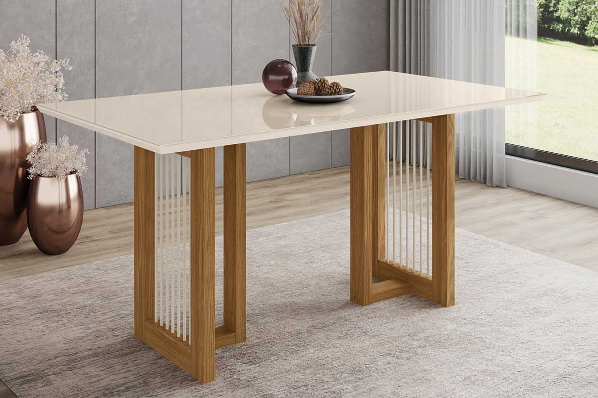 Sala de Jantar Completa Yara c/ Tampo Madeirado c/ Vidro Reto 160x90cm e 6 Cadeiras Nina - Henn