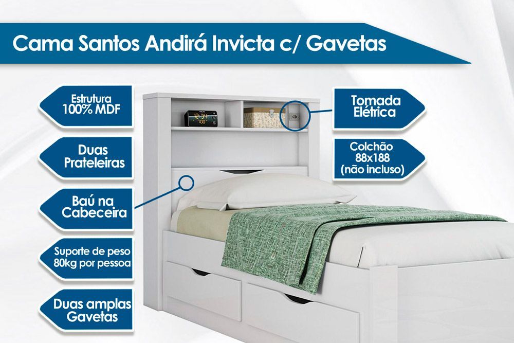 Colchão Solteiro Pérola Polar (1un) + Cama Invicta c/ 2 Gavetas