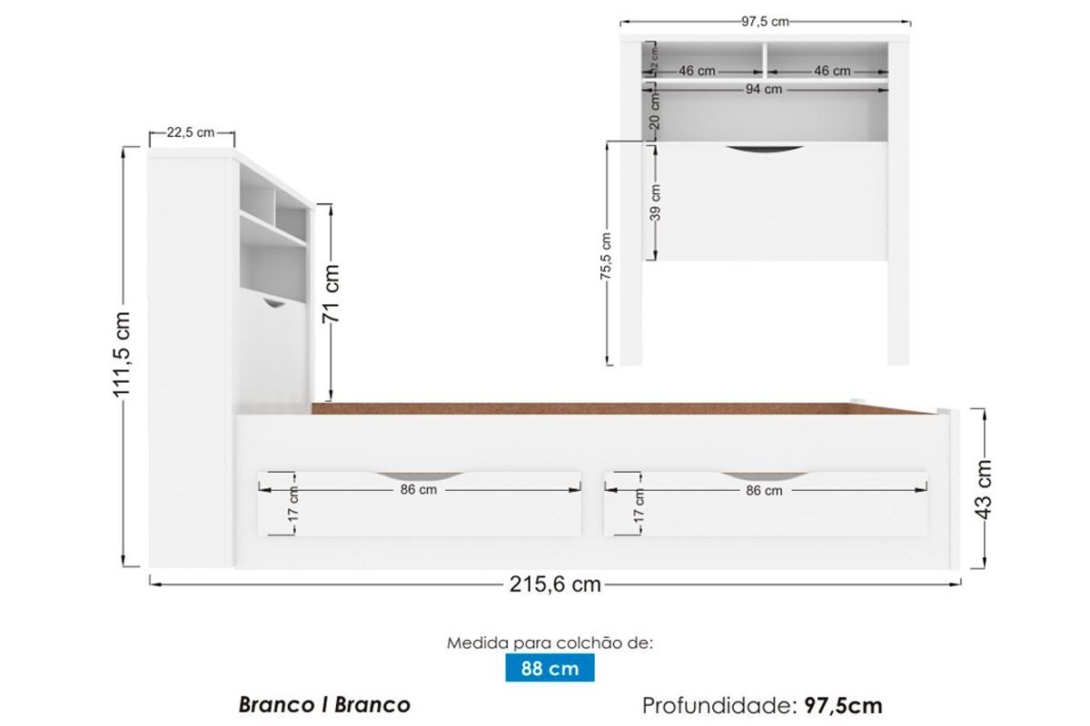 Colchão Solteiro Pérola Polar (1un) + Cama Invicta c/ 2 Gavetas