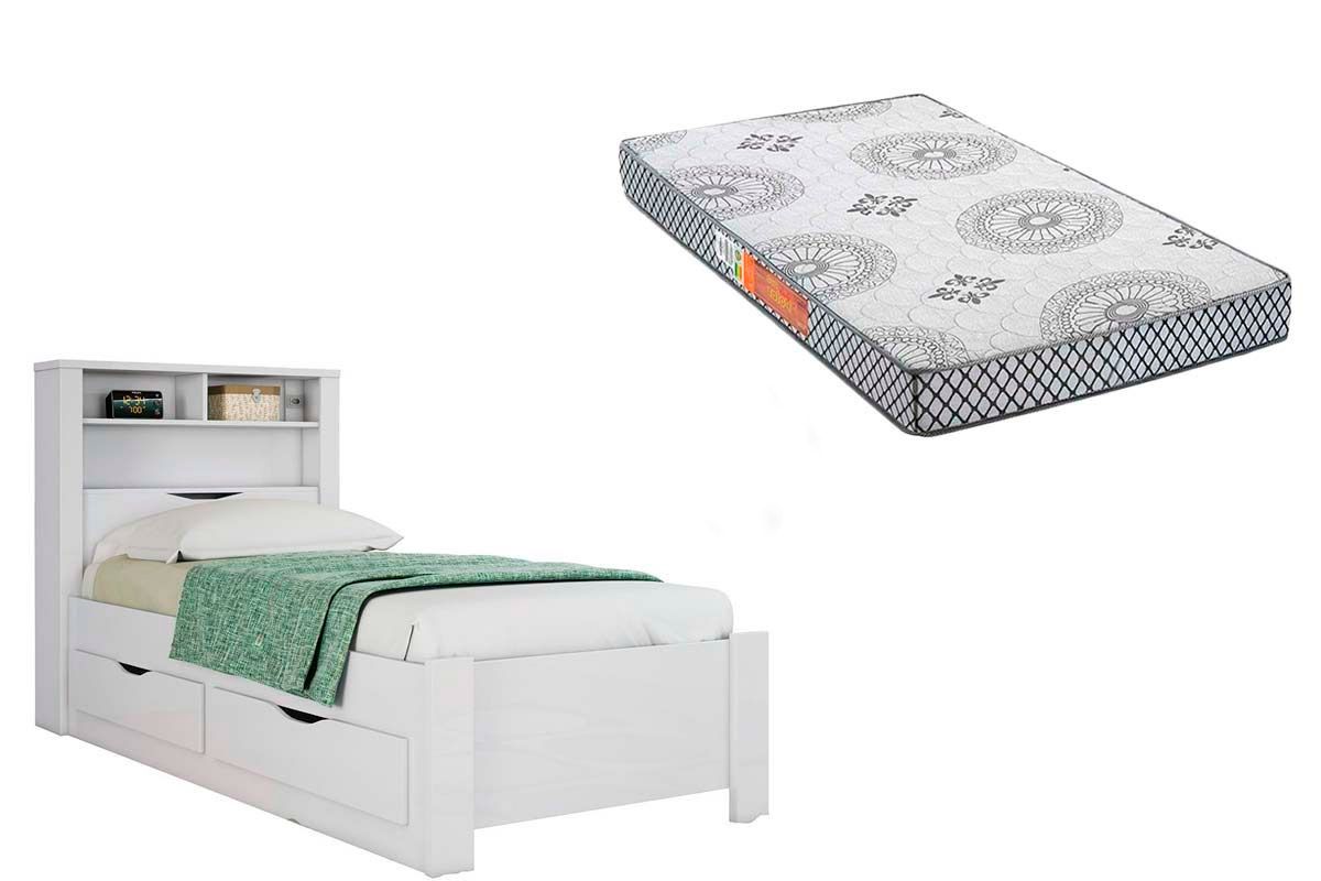Colchão Solteiro Pérola Polar (1un) + Cama Invicta c/ 2 Gavetas
