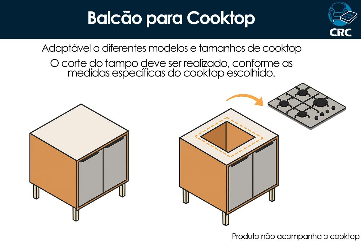 Balcão Cozinha Henn c/Tampo p/ Cooktop Americana c/2 Portas 80cm
