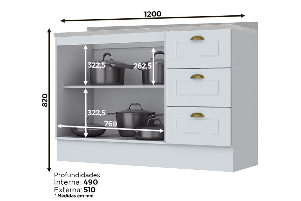Balcão Cozinha Henn p/ Pia c/Tampo Americana c/2 Portas e 3 Gavetas 120cm