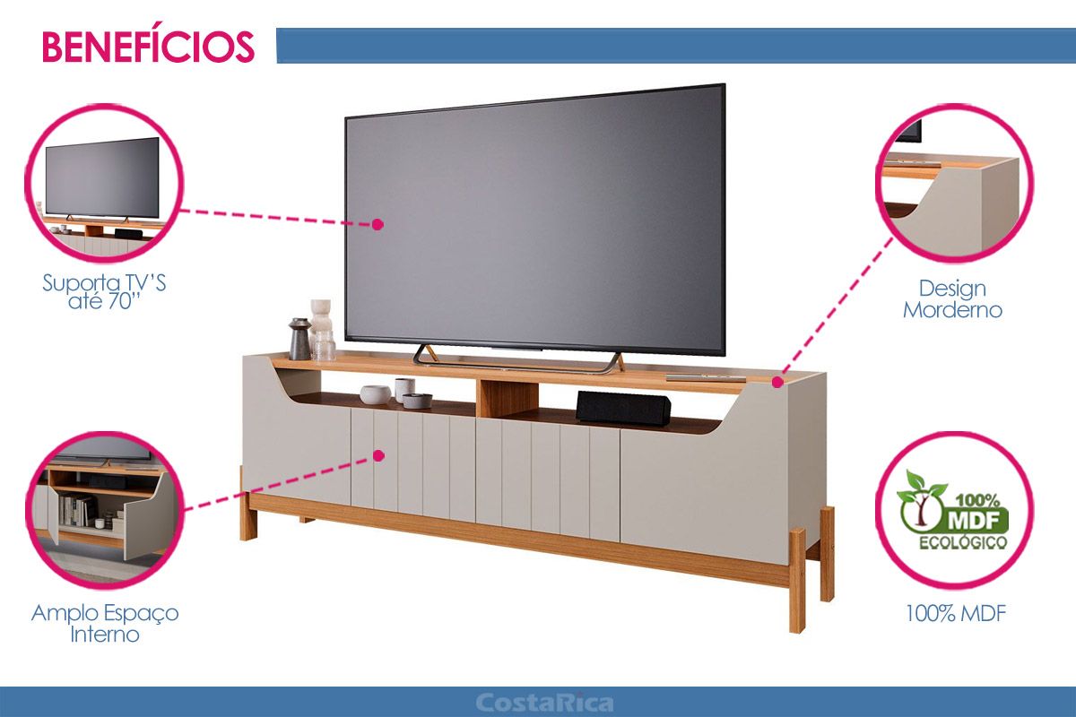 Rack Bancada p/ TV até 70 pol Moema 185cm Permóbili Rack Bancada p/ TV até 70 pol Moema 185cm Permóbili