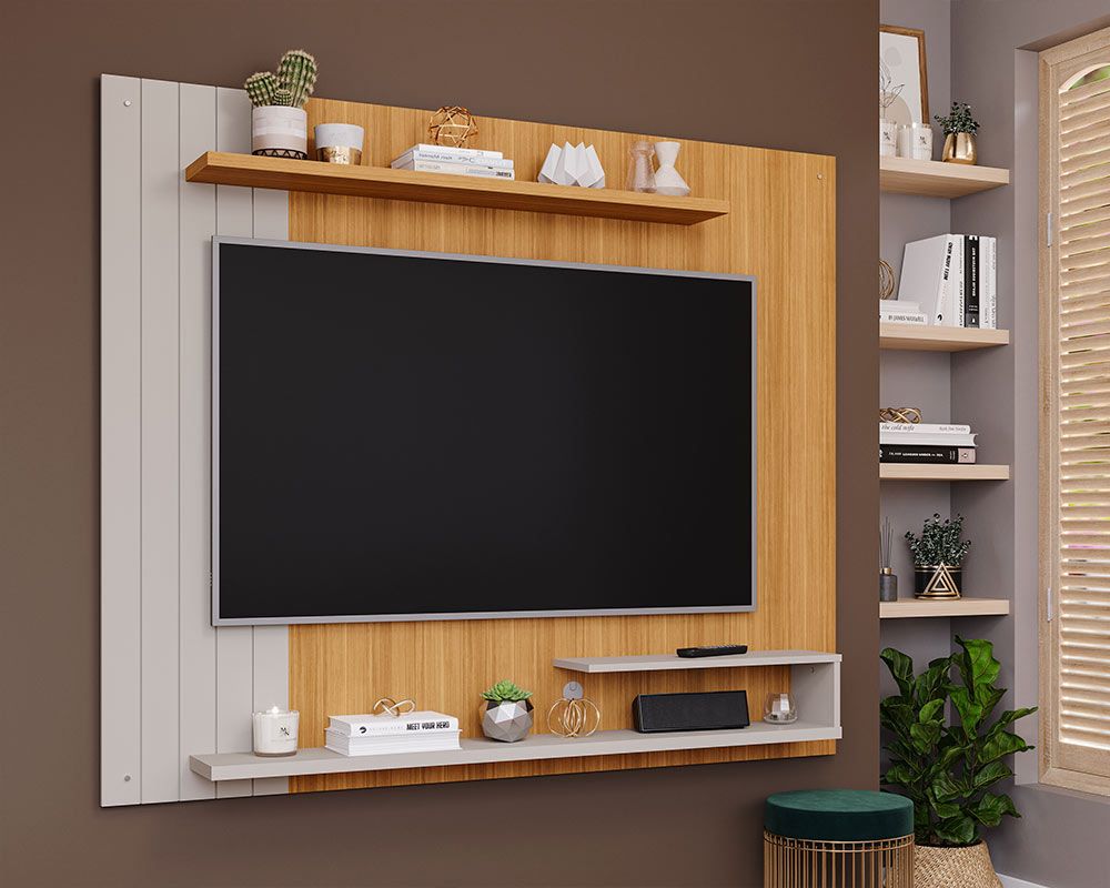 Painel Home p/ TV até 50 Pol Floripa c/Prateleiras Ripado 161x135cm PermóbiliNature/Off White