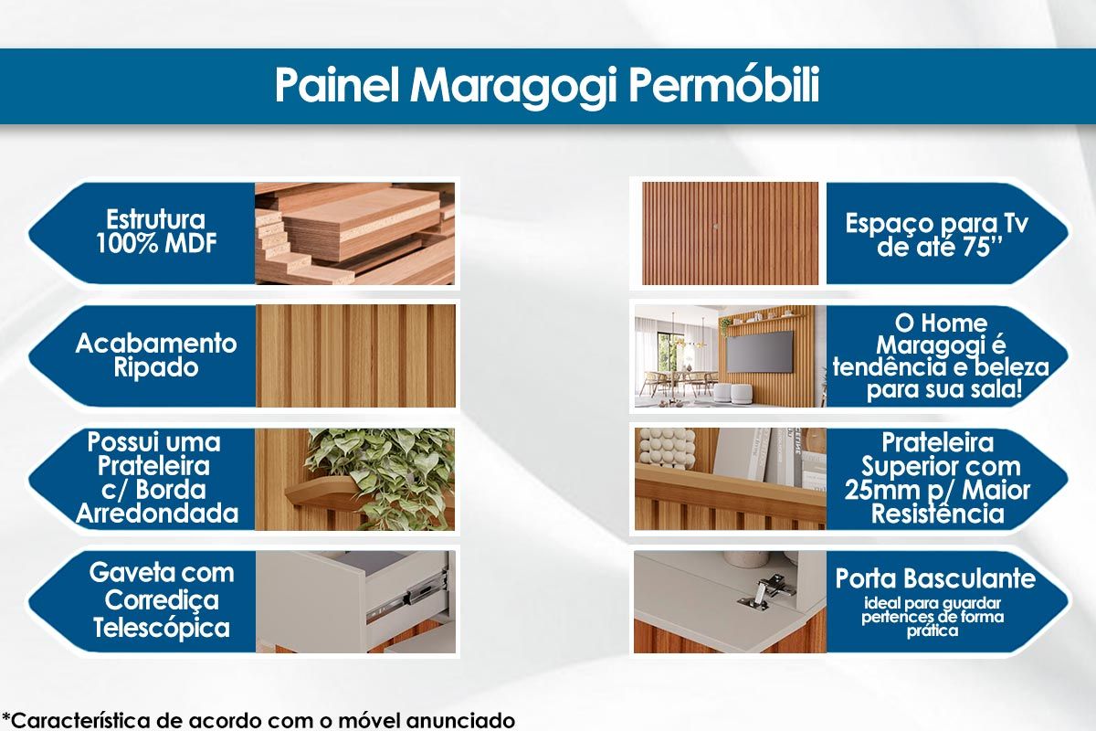 Painel Home p/ TV até 75 Pol Maragogi 230cm Permóbili