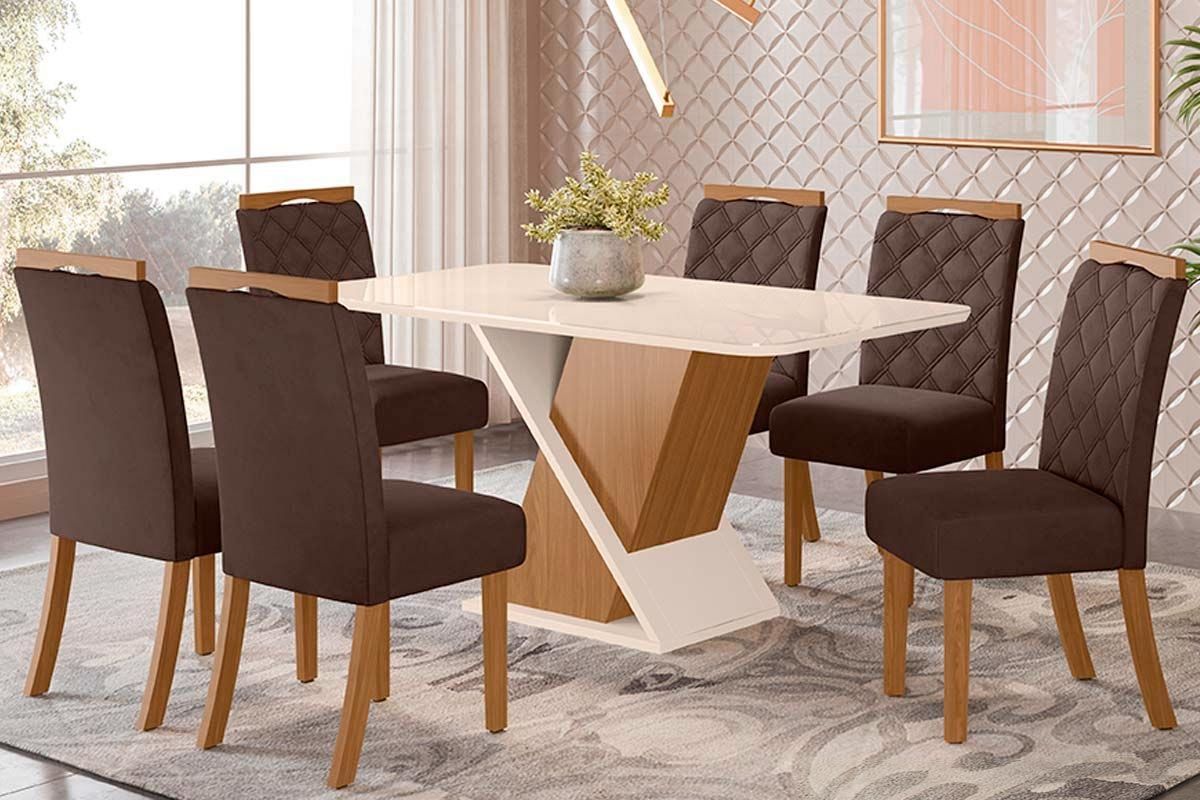 Sala de Jantar Completa Solus c/ Tampo Curvo Madeirado c/ Vidro 160x90cm e 6 Cadeiras Bella - Henn