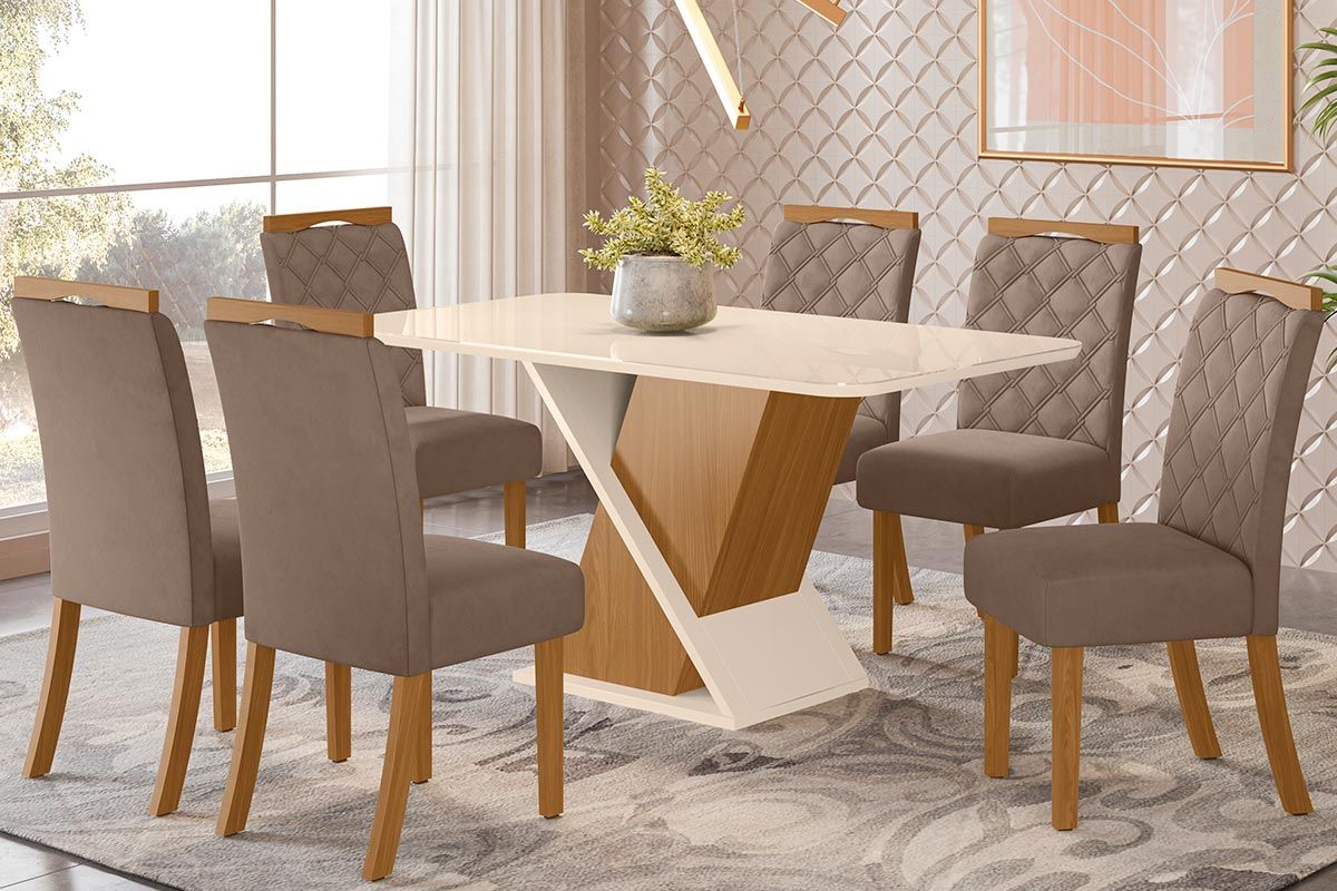 Sala de Jantar Completa Solus c/ Tampo Curvo Madeirado c/ Vidro 160x90cm e 6 Cadeiras Bella - Henn