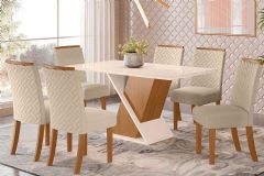 Sala de Jantar Completa Solus Tampo Madeirado c/ Vidro 160x90cm e 6 Cadeiras Malu - Henn