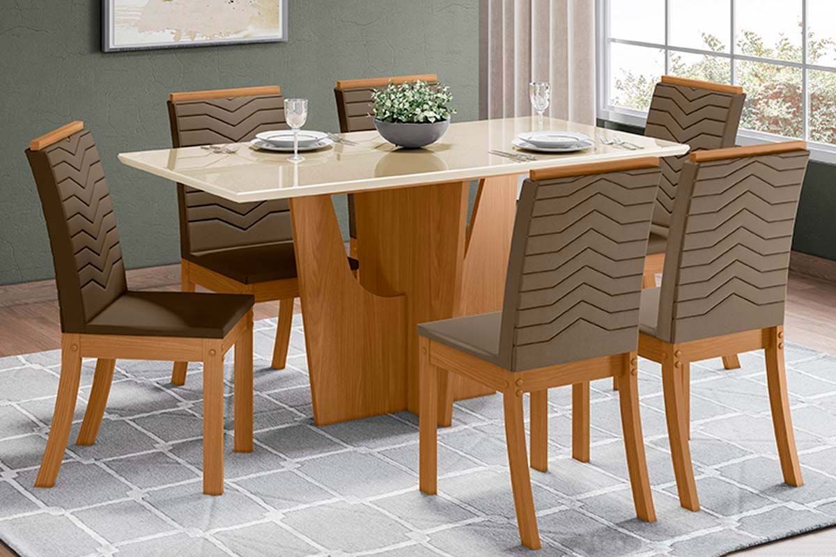 Sala de Jantar Completa Vértice c/ Tampo Reto Madeirado c/ Vidro 160x80cm e 6 Cadeiras Isa - Henn