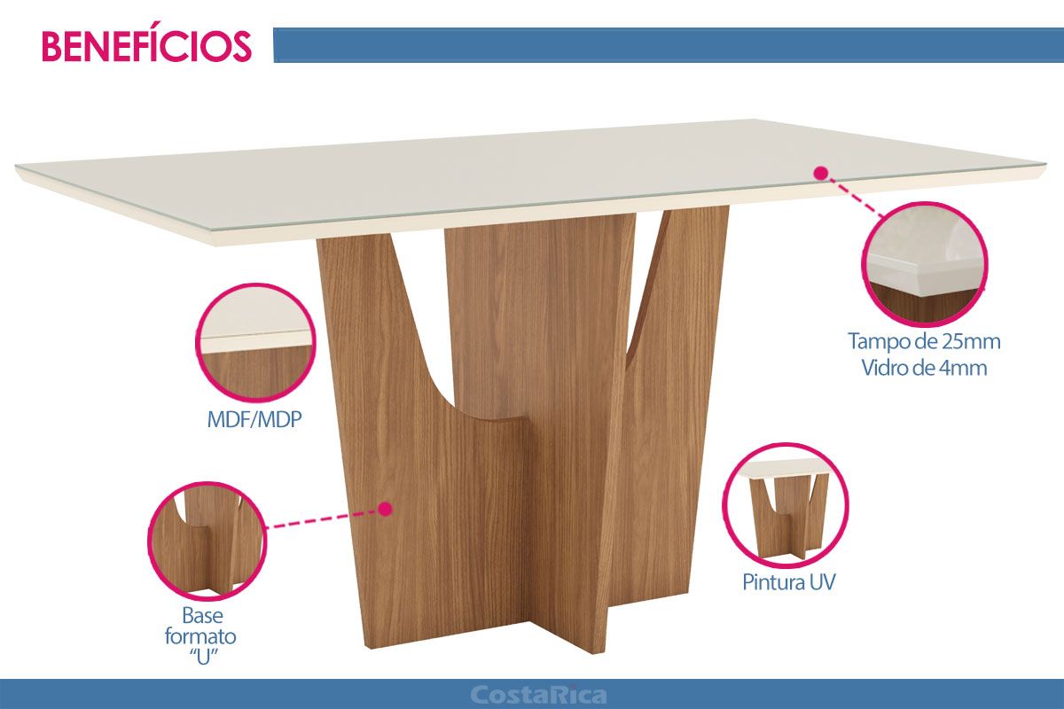 Sala de Jantar Completa Vértice c/ Tampo Reto Madeirado c/ Vidro 160x80cm e 6 Cadeiras Isa - Henn
