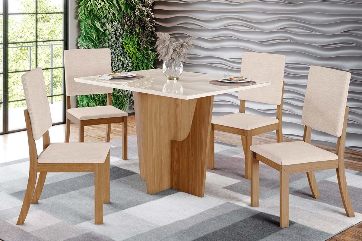 Sala de Jantar Completa Vértice c/ Tampo Reto Madeirado c/ Vidro 120x80cm e 4 Cadeiras Milla - Henn