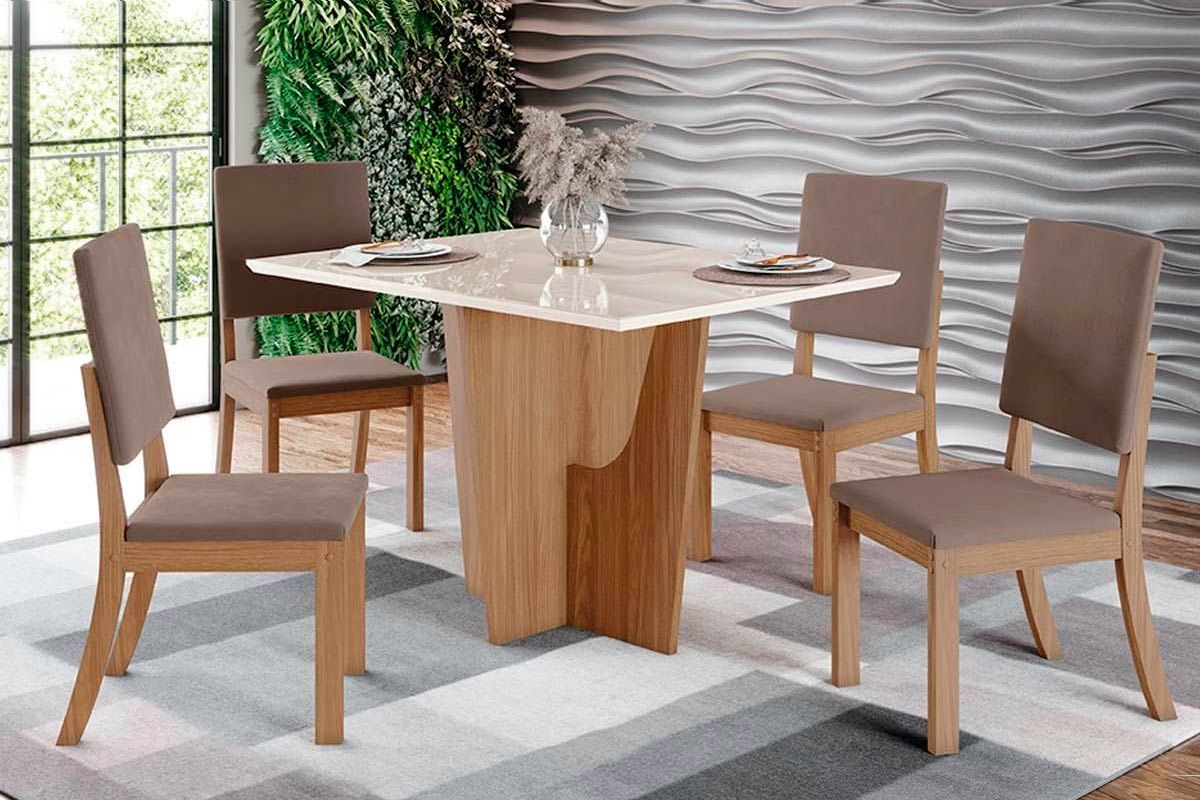 Sala de Jantar Completa Vértice c/ Tampo Reto Madeirado c/ Vidro 120x80cm e 4 Cadeiras Milla - Henn