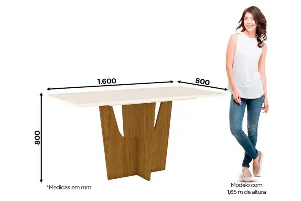 Sala de Jantar Completa Vértice Tampo Madeirado c/ Vidro 160x80cm e 6 Cadeiras Milla - Henn