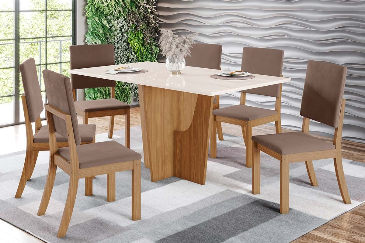 Sala de Jantar Completa Vértice Tampo Madeirado c/ Vidro 160x80cm e 6 Cadeiras Milla - Henn