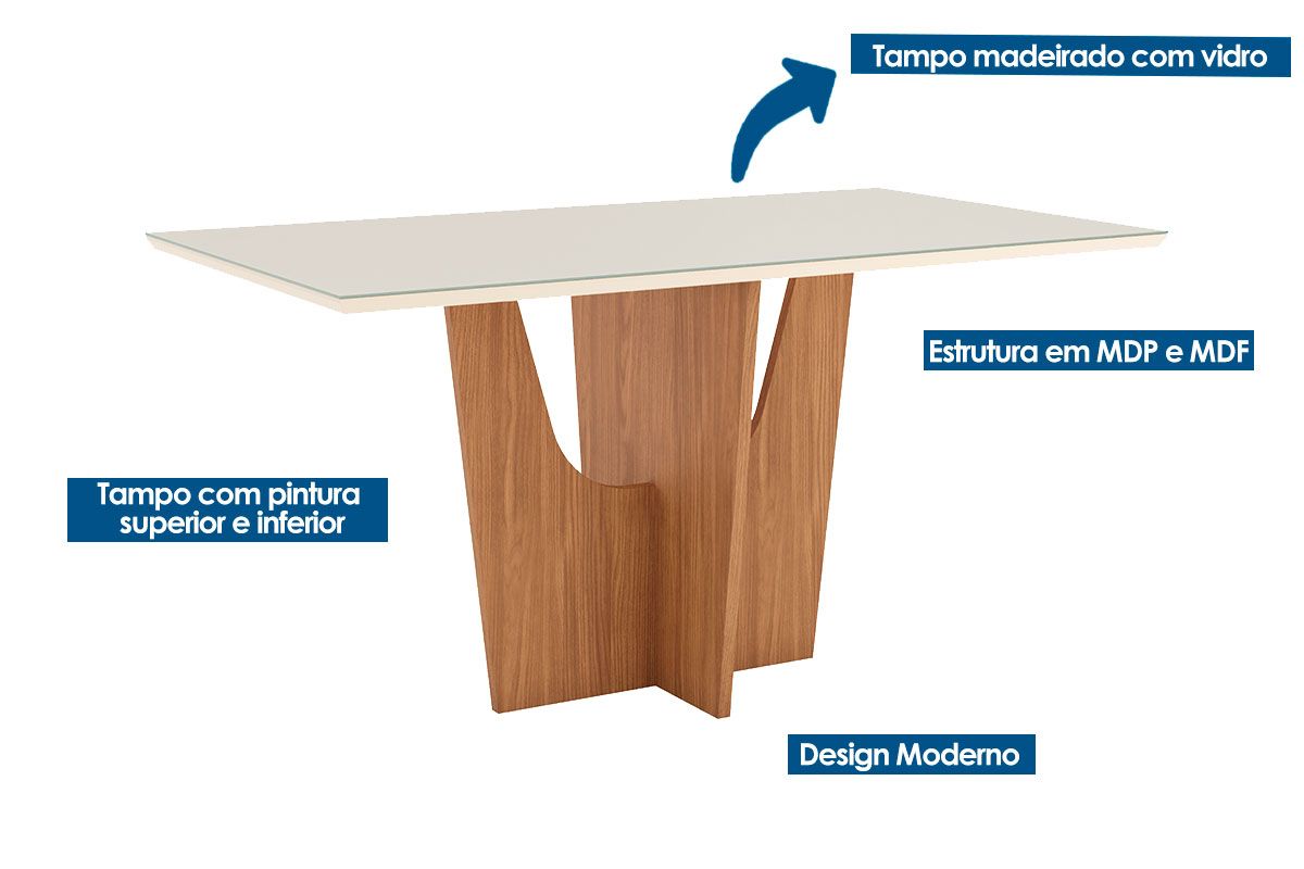 Sala de Jantar Completa Vértice Tampo Madeirado c/ Vidro 160x80cm e 6 Cadeiras Milla - Henn