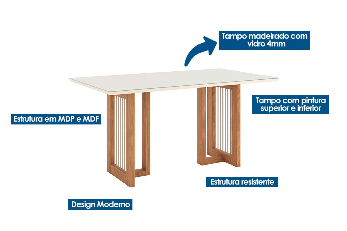 Sala de Jantar Completa Yara c/ Tampo Madeirado c/ Vidro Reto 160x90cm e 6 Cadeiras Milla - Henn