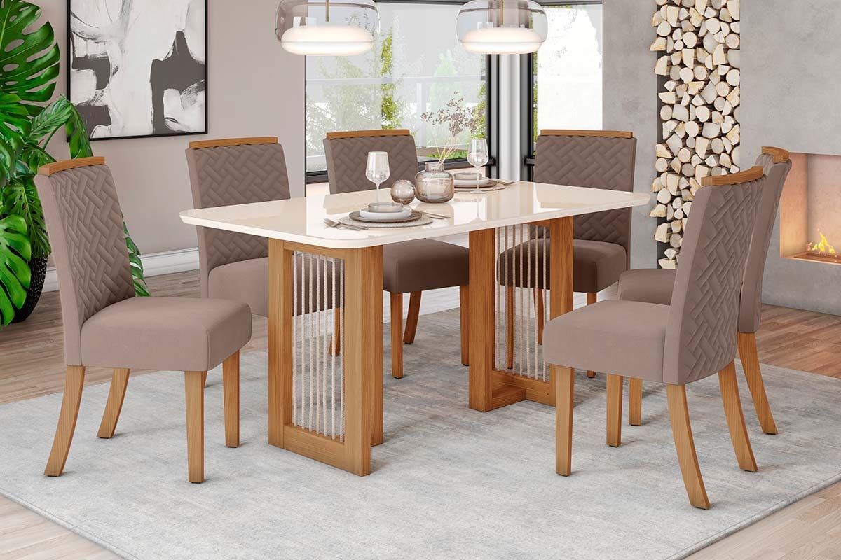 Sala de Jantar Completa Yara c/ Tampo Madeirado c/ Vidro Curvo 160x90cm e 6 Cadeiras Malu - Henn