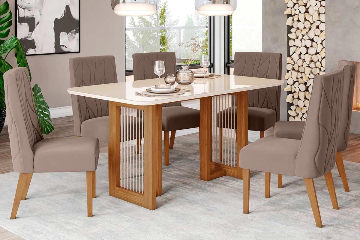 Sala de Jantar Completa Yara c/ Tampo Madeirado c/ Vidro Curvo 160x90cm e 6 Cadeiras Eloa - Henn