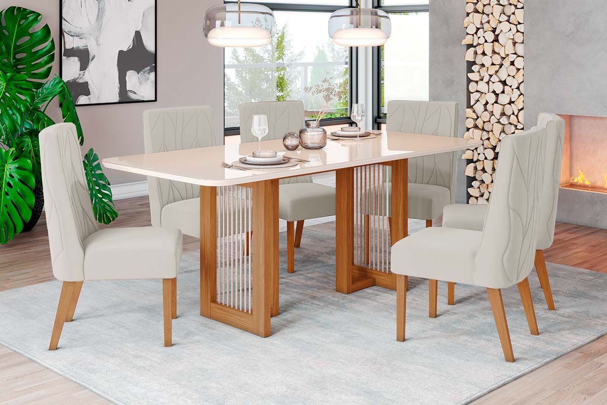 Sala de Jantar Completa Yara c/ Tampo Madeirado c/ Vidro Curvo 160x90cm e 6 Cadeiras Eloa - Henn