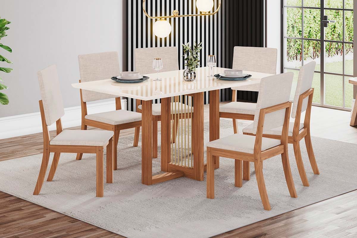 Sala de Jantar Completa Natalí c/ Tampo Madeirado c/ Vidro Reto 160x90cm e 6 Cadeiras Milla - Henn