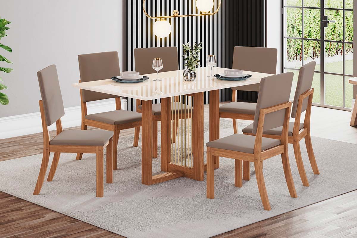 Sala de Jantar Completa Natalí c/ Tampo Madeirado c/ Vidro Reto 160x90cm e 6 Cadeiras Milla - Henn