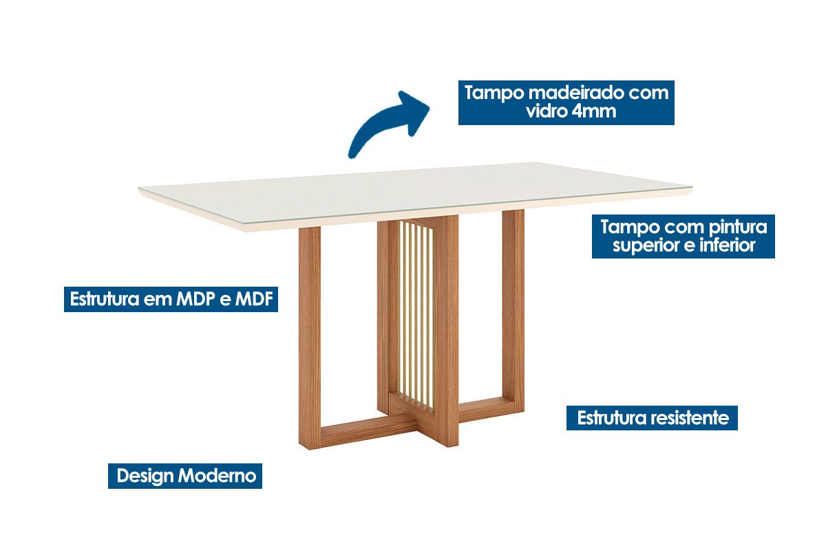 Sala de Jantar Completa Natalí c/ Tampo Madeirado c/ Vidro Reto 160x90cm e 6 Cadeiras Milla - Henn