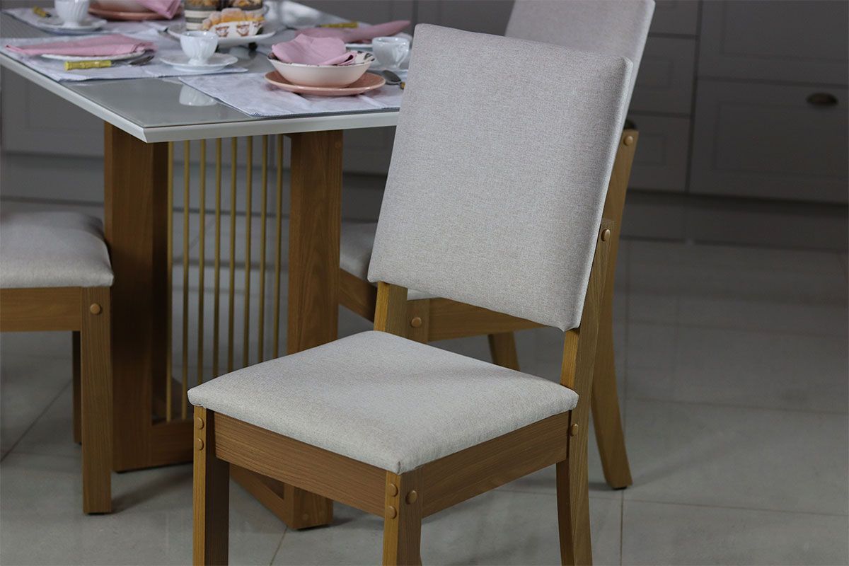 Sala de Jantar Completa Natalí c/ Tampo Madeirado Reto s/ Vidro 160x90cm e 6 Cadeiras Milla - Henn